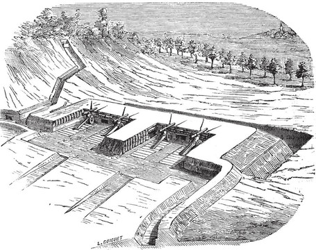 舊刻上壘道插圖在攻城炮兵。工業(yè)百科全書E -拉迷- 1875。