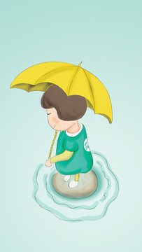 儿童插画夏日雨季撑伞的小女孩