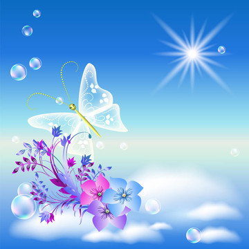 天空；花；蝴蝶