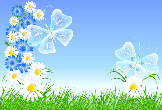 Cornflowers；綠色的草camomiles