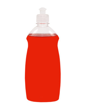 帶紅色液體的透明塑料容器。