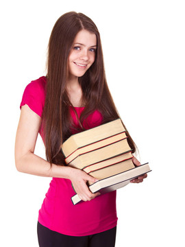 帶書的年輕女孩。白色背景中分離