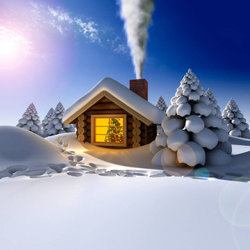 在下雪的除夕夜在童話森林里的小屋。在雪地上的小屋