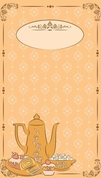 老式茶具和甜蛋糕。