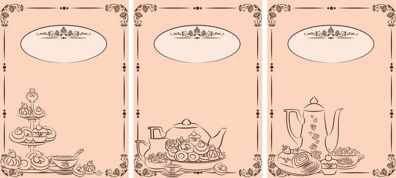 老式茶具和甜蛋糕。