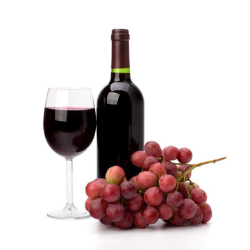 全紅酒酒杯；酒瓶和葡萄