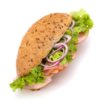 生菜大美味快餐面包三明治；番茄；熏火腿奶酪孤立在白色背景。垃圾食品地铁。