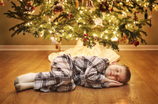 等待Santa的沉睡的男孩