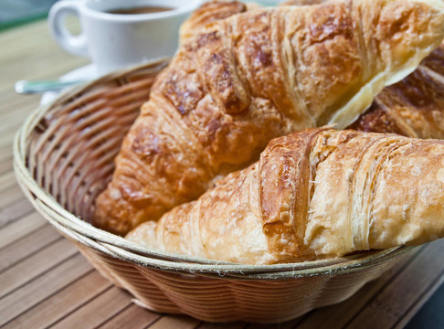 在篮子里放咖啡和面包在桌上的早餐