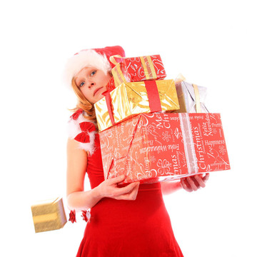 Santa小姐正在丟失一個金色禮品盒