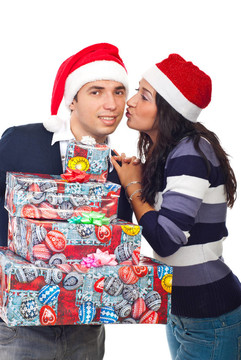 幸福的Santa男人被女人吻