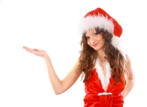 快樂(lè)的女孩打扮成Santa與圣誕禮物