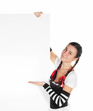 一個(gè)空白的標(biāo)志在緊身裙的女孩