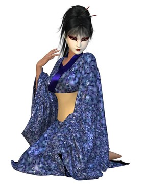 跪在藍色和服的藝妓