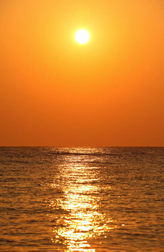 太陽落在地平線；海；海水中抯橙色的陽光反射