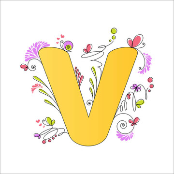 七彩花字母。字母V