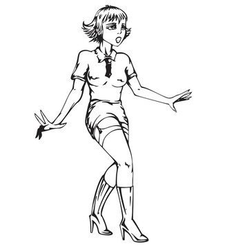 現(xiàn)代的年輕女孩。黑白插畫