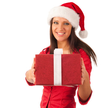 漂亮的女孩穿著像Santa的圣誕禮物