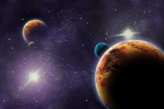 深暗空間中的行星。抽象宇宙。