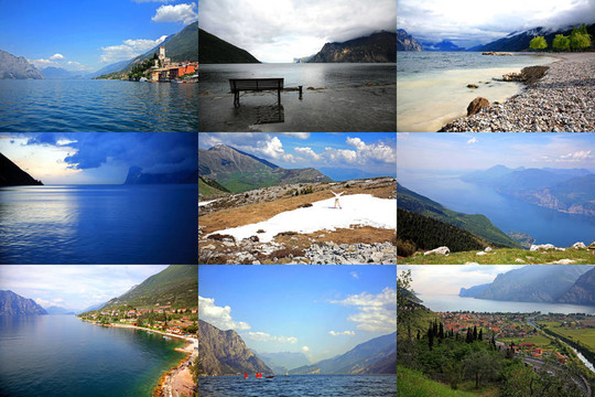 在加爾達(dá)湖風(fēng)景圖片拼貼；Lago di Garda；意大利。