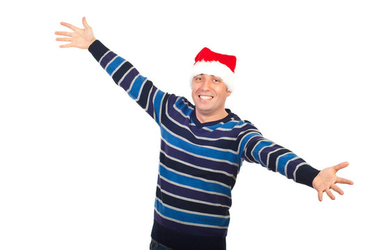 快樂的男人與Santa帽子張開雙臂