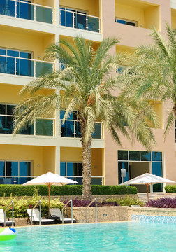 現(xiàn)代飯店中的棕櫚樹和游泳池；Fujeirah；UAE
