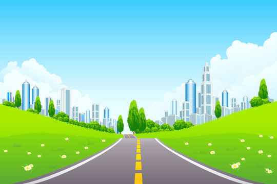 城市景觀與樹木和道路