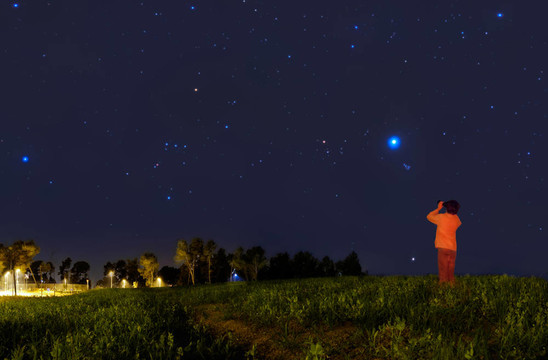 小孩用雙筒望遠(yuǎn)鏡看星星