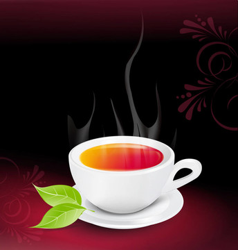 白茶杯，葉子上有深色的背景