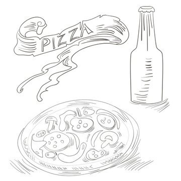 素描比薩和蘇打水瓶
