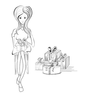 婦女與許多禮品盒