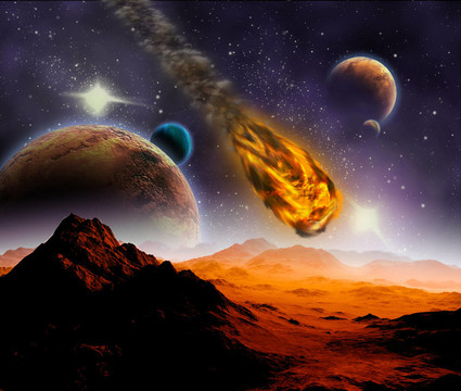 宇宙中小行星的攻擊。流星撞擊的抽象說明。