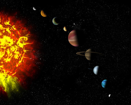 图解图显示太阳系中行星的排列顺序。太空深处的行星插图。