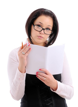 帶鉛筆和書的女人