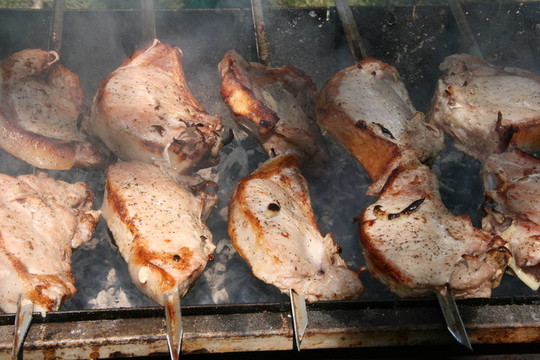烹調(diào)肉烤肉在開放的木煤火燒烤