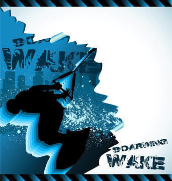 城市載體組成的城市天際線和wakeboarder剪影