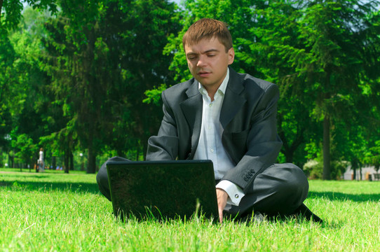 在公園里，在草地上在筆記本電腦的商人