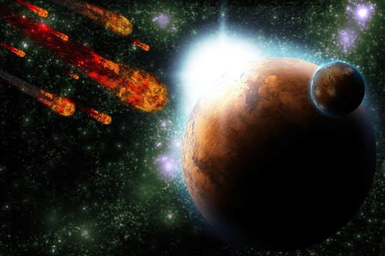 在星空背景的小行星與地球的星球。流星撞擊。