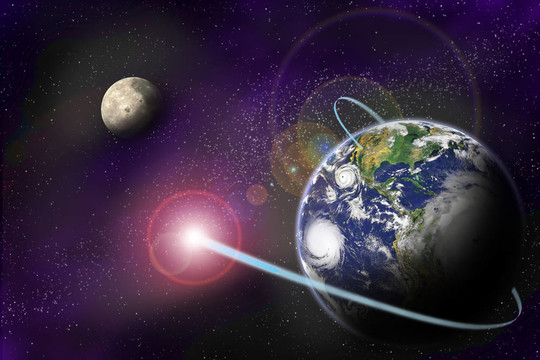 在星空背景上地球雙星系統(tǒng)技術的數(shù)字通信。