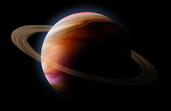 抽象的行星與太陽耀斑在深空對抗黑背景