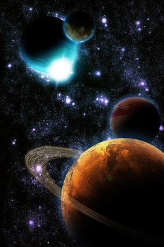 抽象行星與太陽耀斑在深空-明星星云對黑色背景