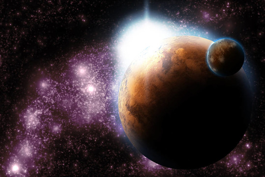 抽象行星與太陽耀斑在深空-明星星云對黑色背景