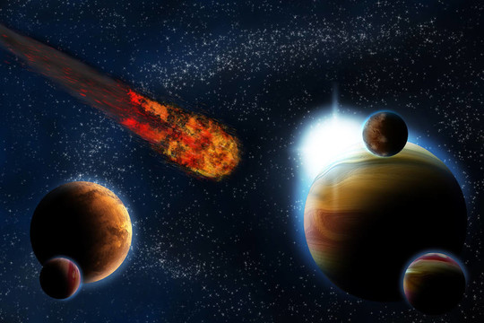 抽象行星與太陽耀斑在深空-明星星云對黑色背景