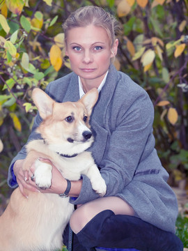 與女孩柯基犬小狗