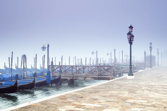 在威尼斯早上霧Gondolas