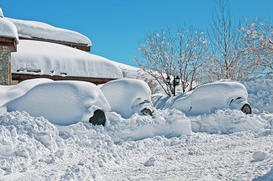 雪下的房子和汽車