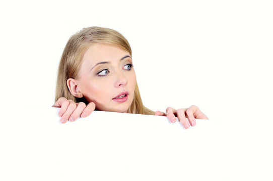 年輕美貌女人畫像好奇。白色孤立。