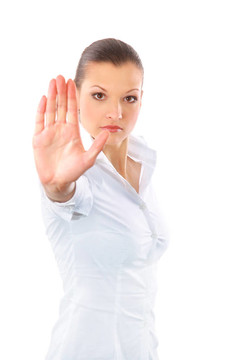憤怒的女人發(fā)信號(hào)停止標(biāo)志；我