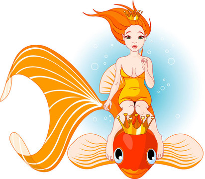 美人魚騎在金色的魚上