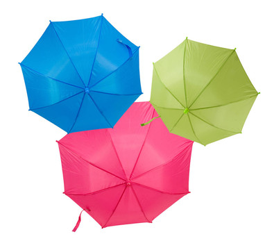 藍色；粉紅色和綠色的雨傘